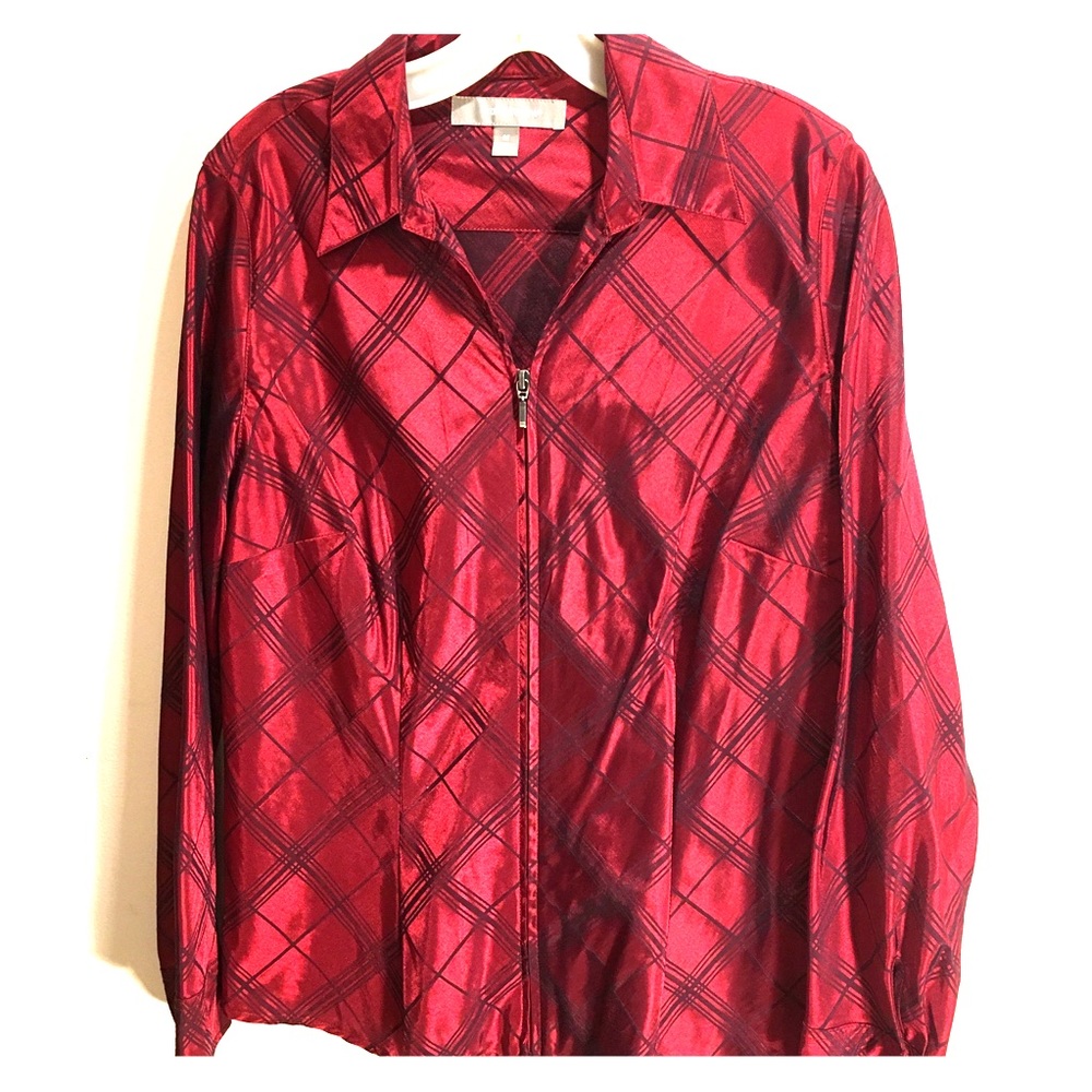 A red satin colored zip down jacket